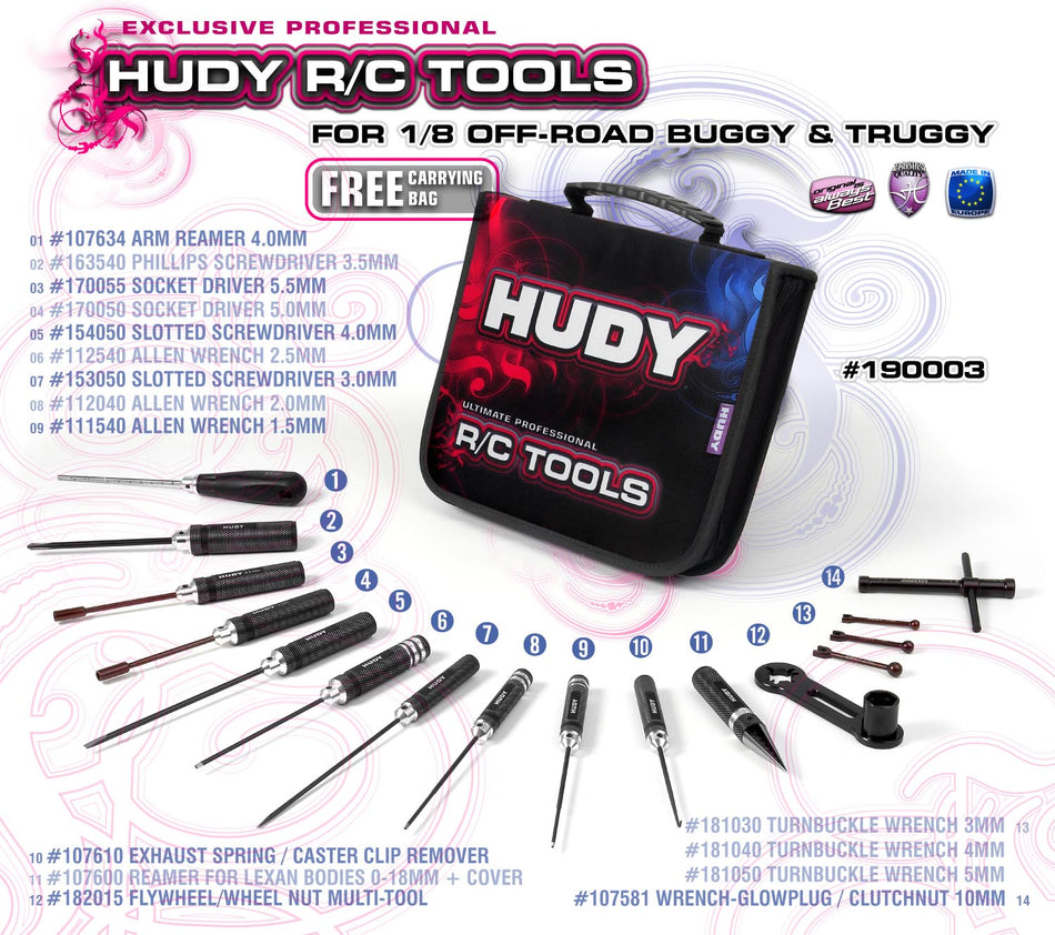 HUDY Set outils pour TT 1/8 + trousse 190003