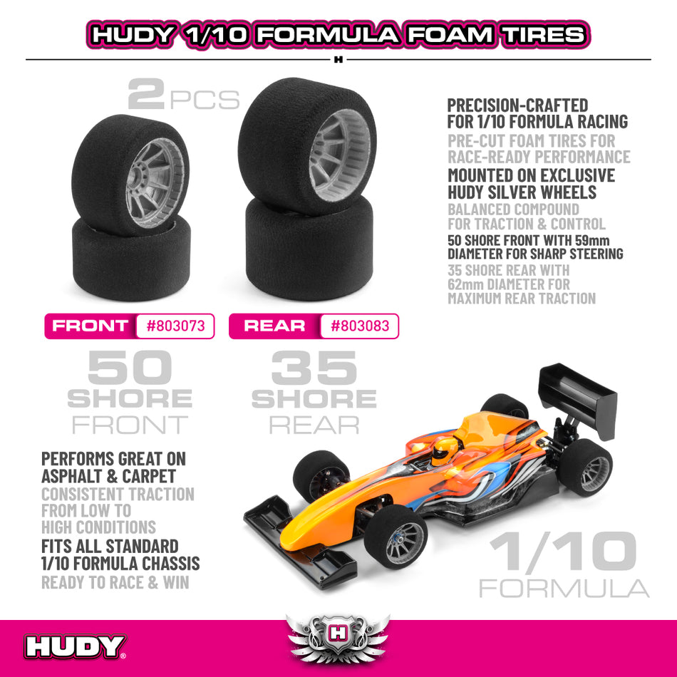 HUDY Pneus mousses 1/10 Formule 1 Avant - 50 Shore (2) (803073)
