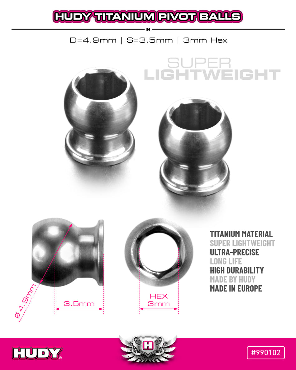 HUDY Rotule titane D4.9mm - 3mm Hex (2) (990102)